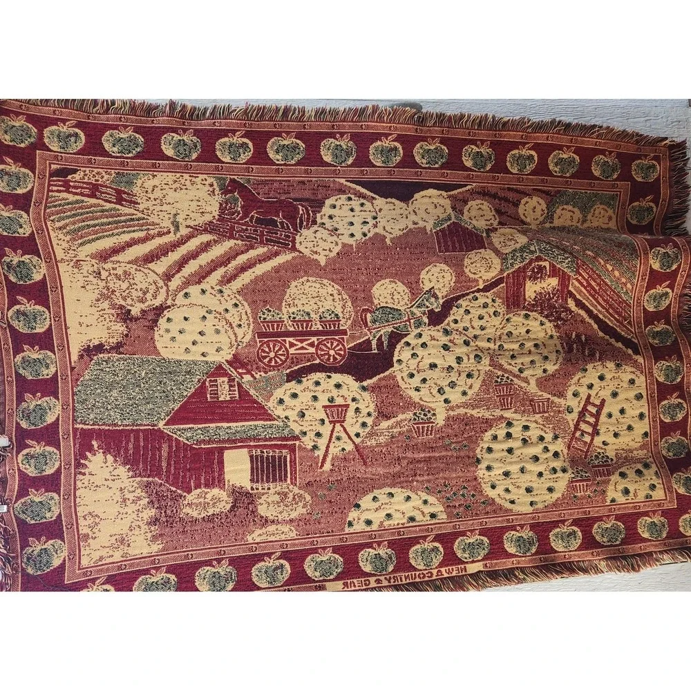 Vtg woven‎ Tapestry Throw Blanket Horses Barn Apple Orchard Thick Cotton Fringe